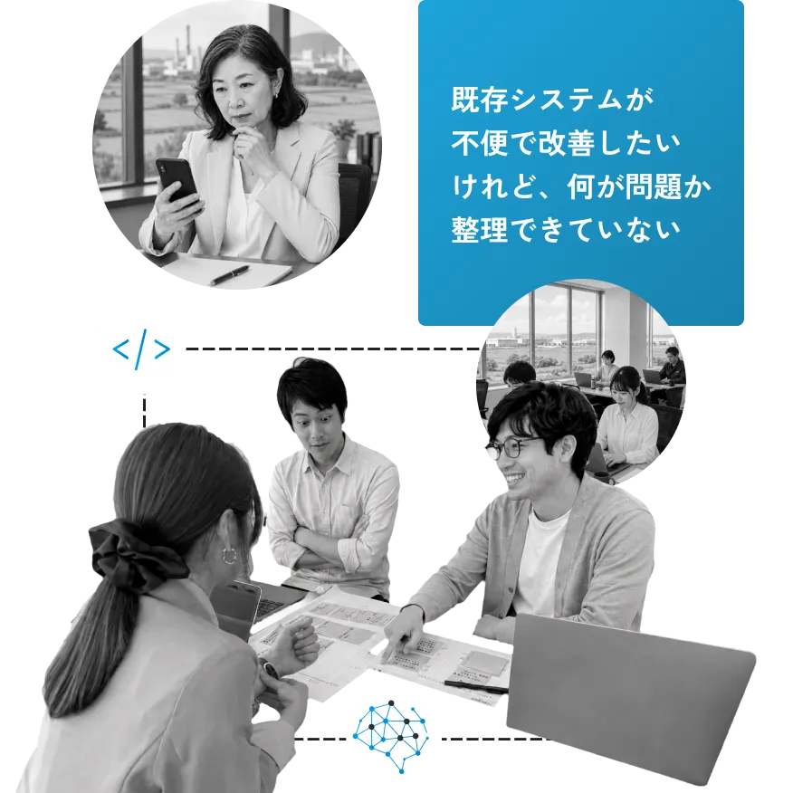 既存システムが不便で改善したいけれど、何が問題か整理できていない — 打ち合わせの様子